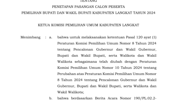 KPU Tetapkan Pasangan Calon Bupati dan Wakil Bupati Langkat, Ini Nama-namanya di Pilkada Tahun 2024