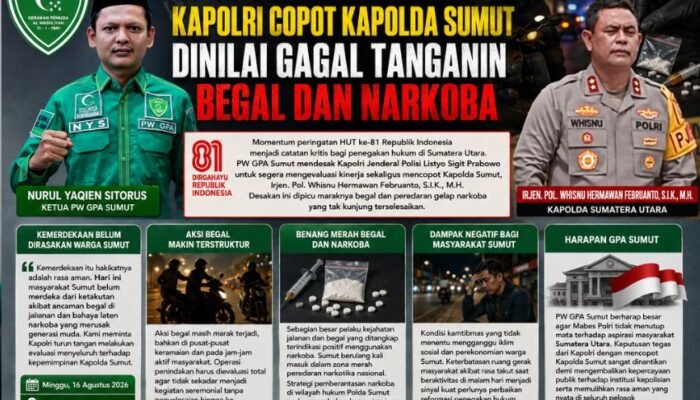 GPA Sumut Desak Kapolri Copot Kapolda Sumut Dinilai Gagal Tanganin Begal dan Narkoba