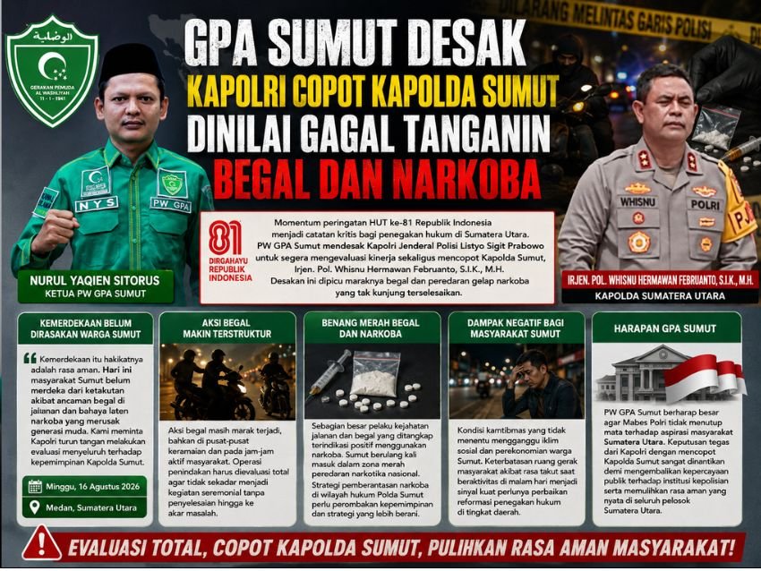 Soroti Maraknya Kriminalitas, PW GPA Sumut Minta Kapolri Evaluasi Kapolda Irjen Whisnu Hermawan